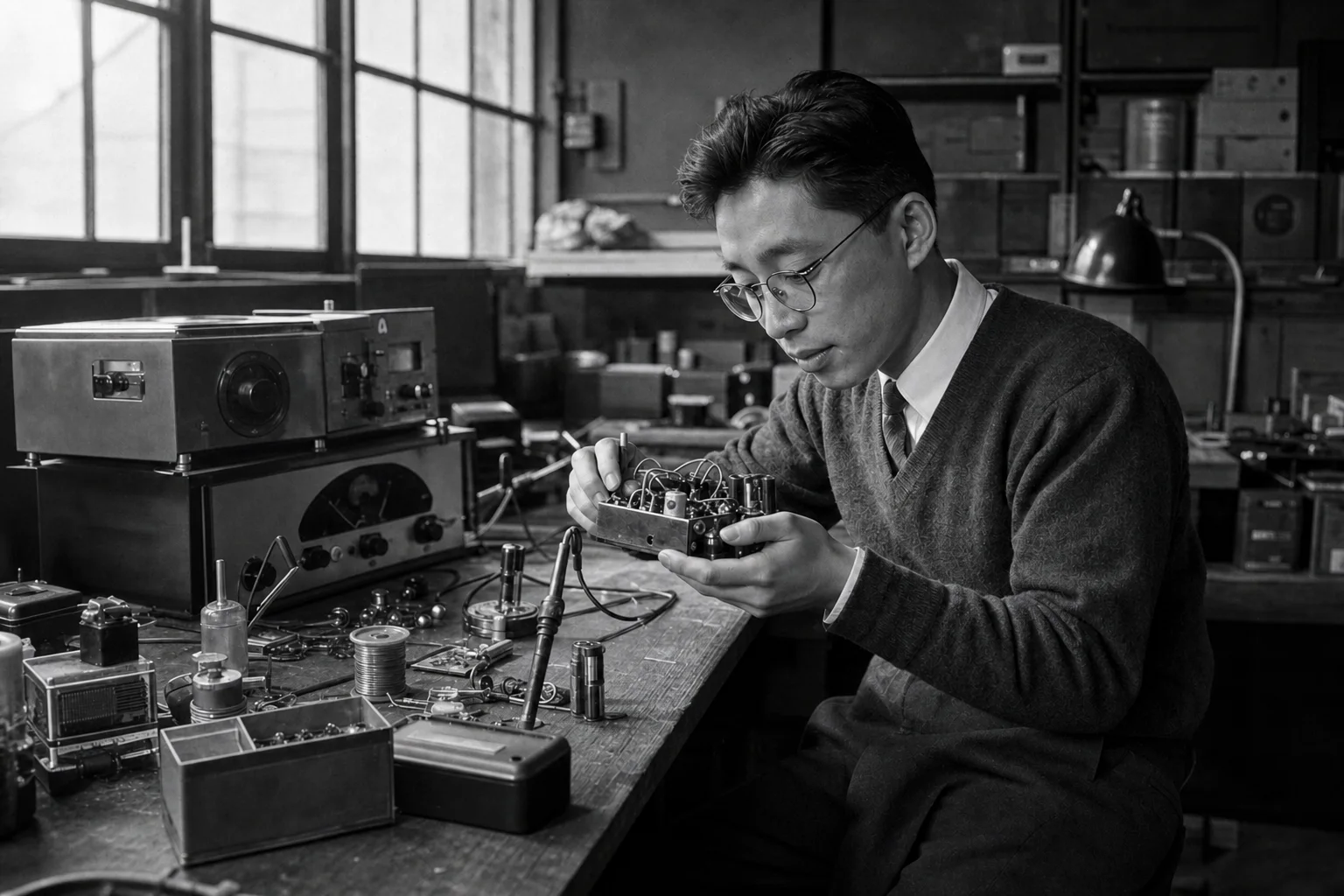Editorial reimagining of Akio Morita inspecting a radio circuit in 1955