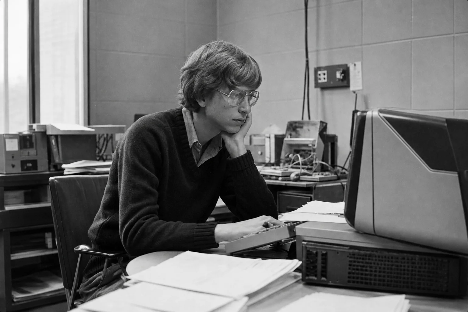 Editorial reimagining of Bill Gates working at a computer terminal in 1978