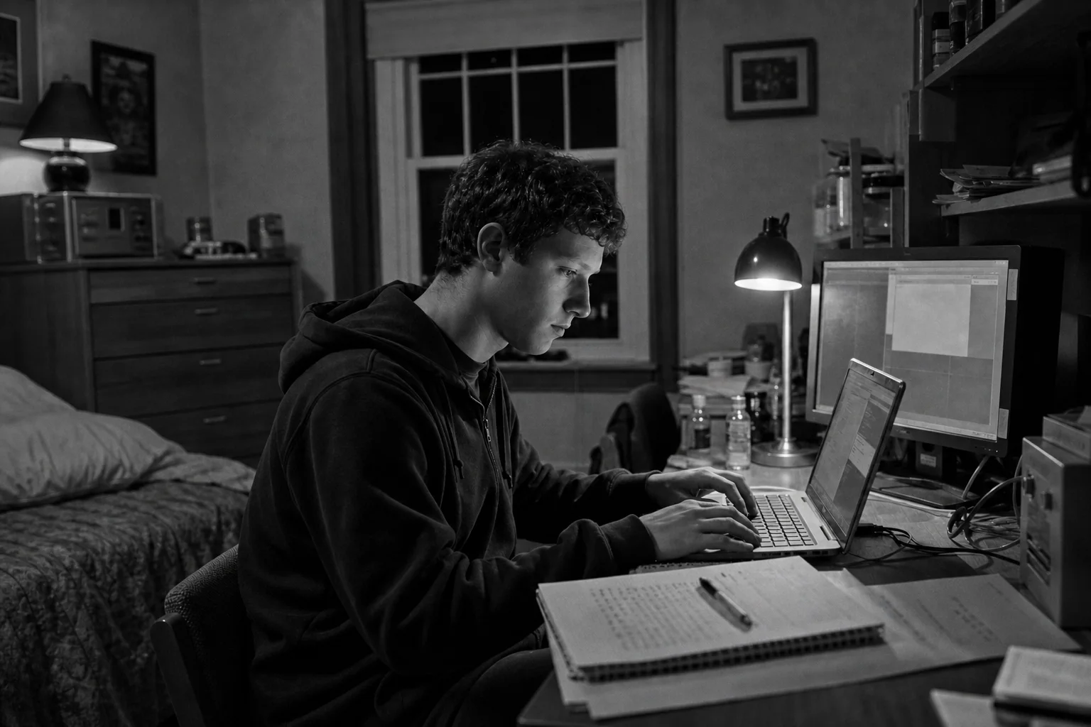 Editorial reimagining of Mark Zuckerberg building from a university dorm room in 2004