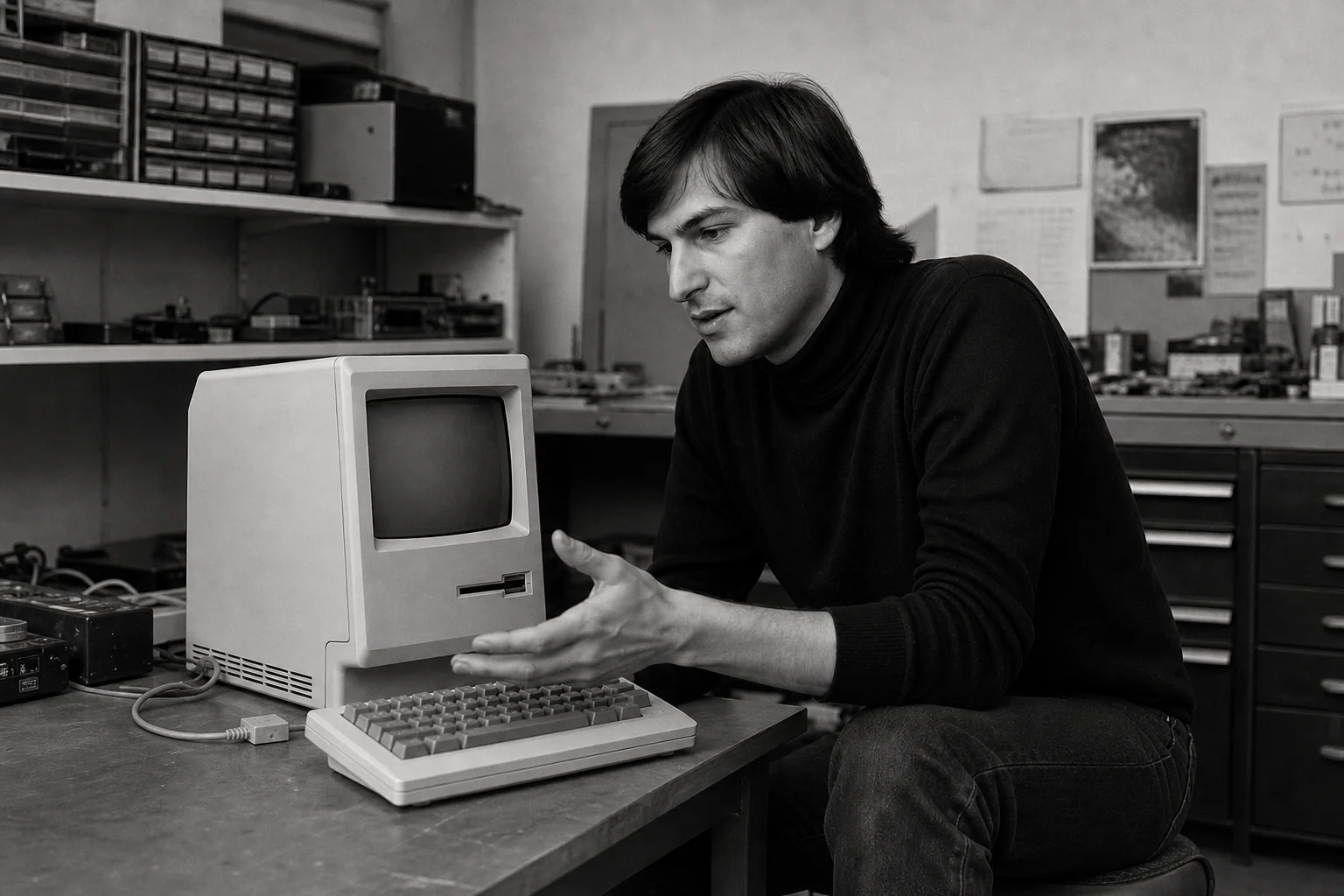 Editorial reimagining of Steve Jobs working beside an early personal computer in 1984
