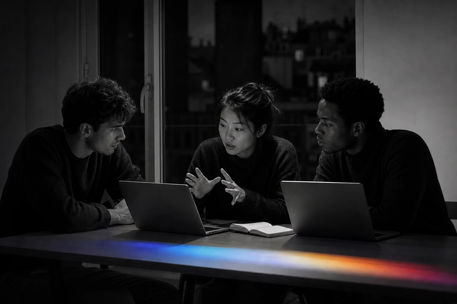 Three founders working together at night