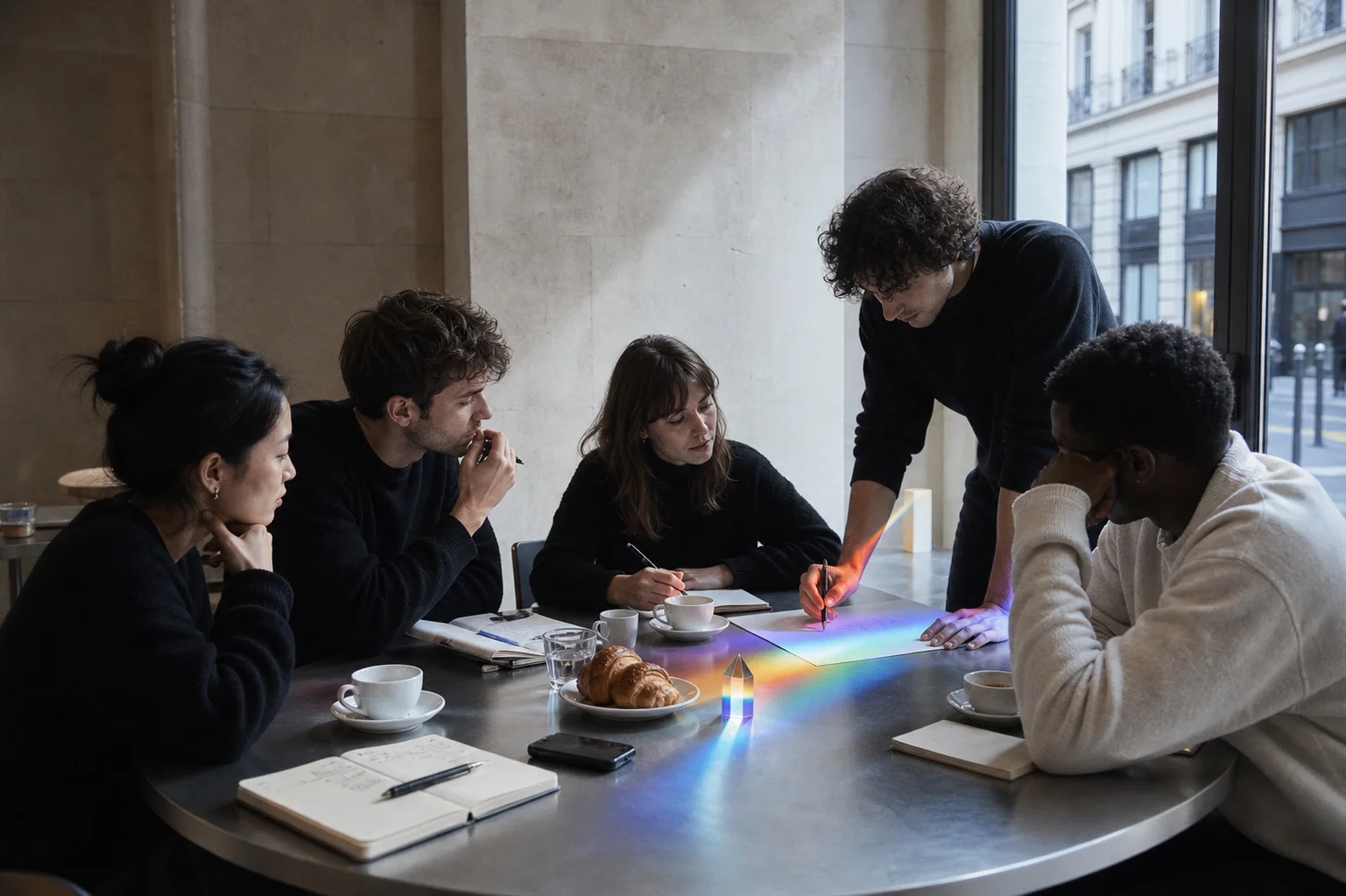 Founders exchanging ideas around a table