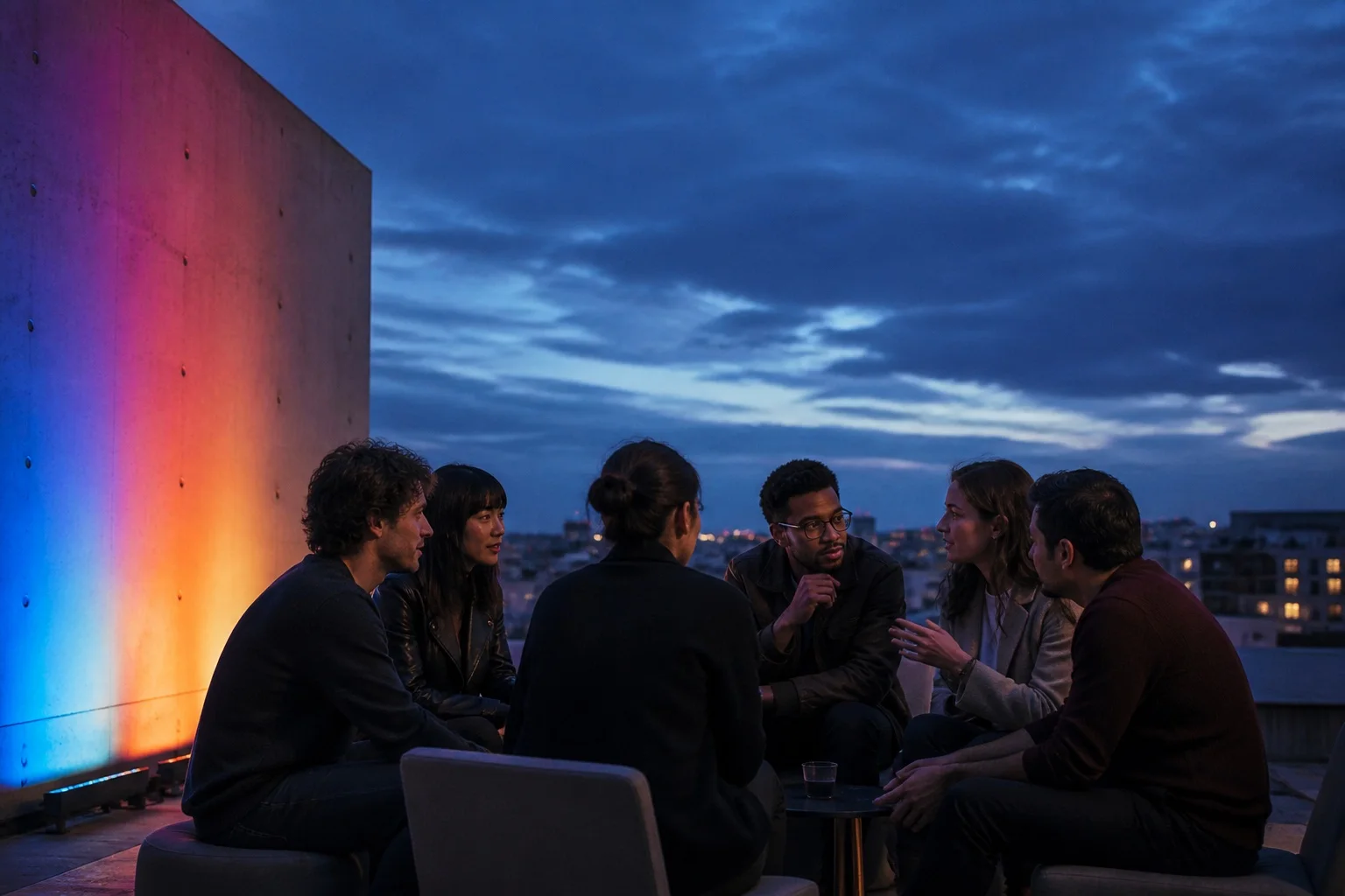 International founders in conversation on a rooftop